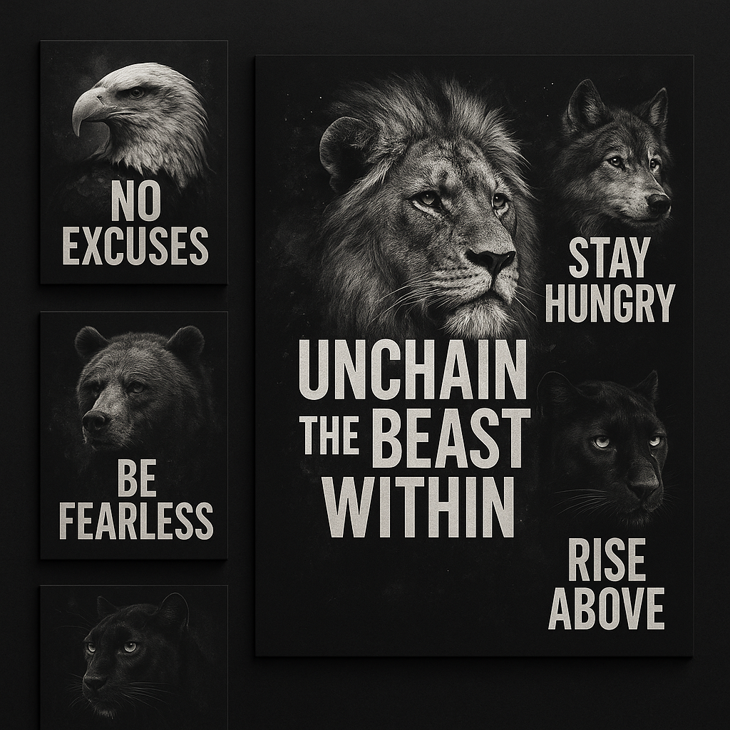 Motivational animal T-shirts featuring lion, wolf, eagle, and panther prints with inspirational quotes